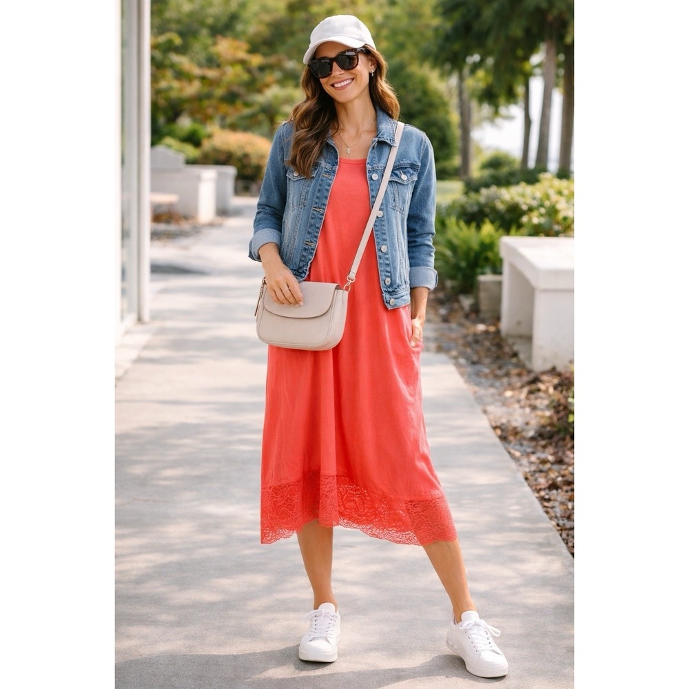 LOGO Lori Goldstein Coral Sleeveless Asymmetrical Lace Hem Summer Dress Small